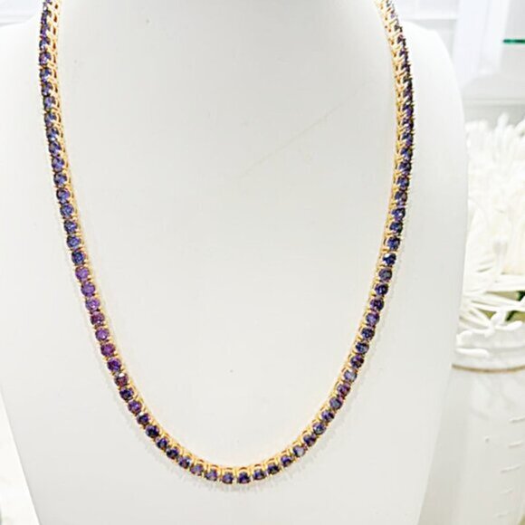 18K Gold Plated Tennis Necklace, Simulated Purple Amethyst Gemstone - Picture 2 of 5